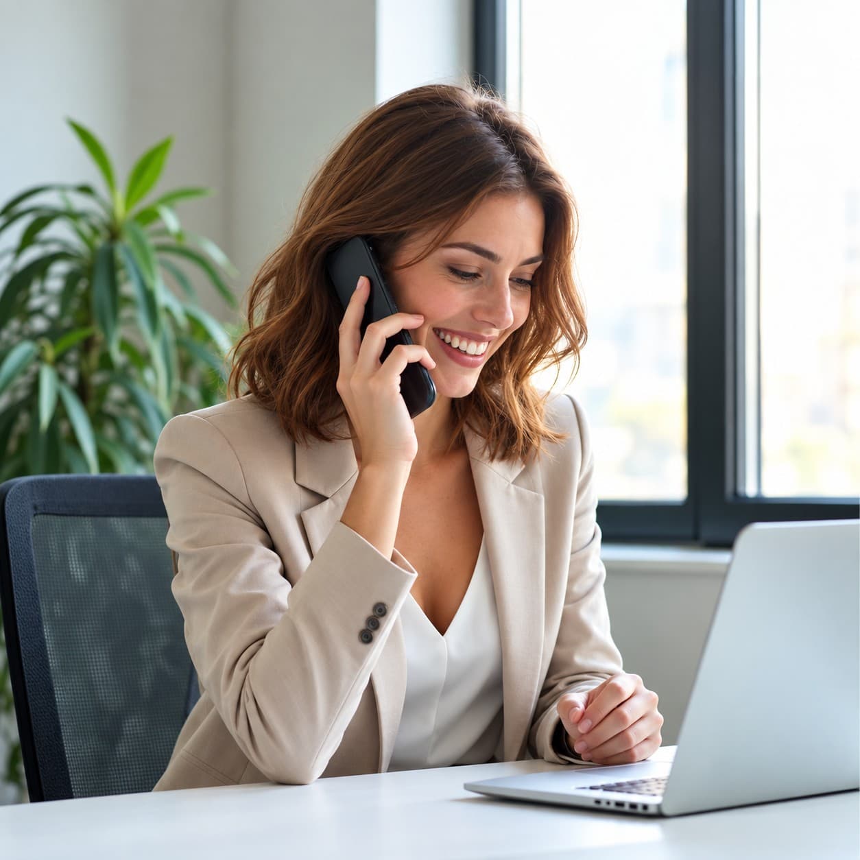 Woman in a beige blazer smiling on the phone at her desk, in front of a laptop